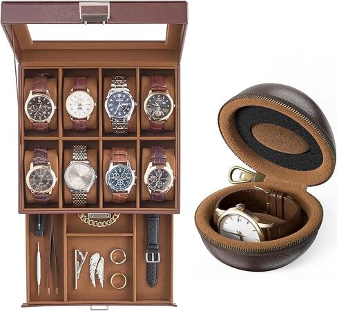 ProCase Espresso 8 Slot Watch Box and Espresso Single Watch Travel Case Bundle, Watch Storage and Travel Protection in Kuwait