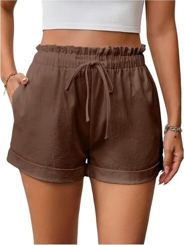 SOLY HUX Women's Summer Shorts Frill Drawstring Elastic High Waisted Straight Leg Casual Shorts with Pockets in Saudi Arabia