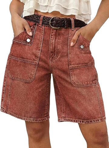 Flamingals Straight Leg Mid Shorts for Women Stitch Detail Waist Mid Thigh Length Casual Shorts Without Belt in Kuwait