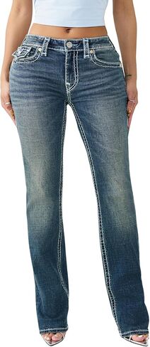 True Religion Billie Mid Rise Super T Straight Jeans for Women – Light Wash Denim with Pink Stitching & Flap Pockets in Saudi Arabia
