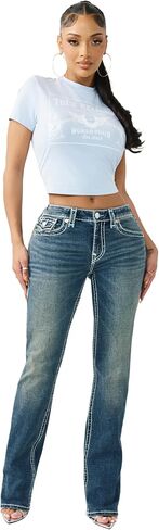 True Religion Billie Mid Rise Super T Straight Jeans for Women – Light Wash Denim with Pink Stitching & Flap Pockets in Saudi Arabia