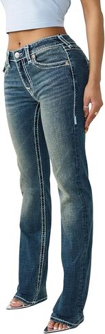 True Religion Billie Mid Rise Super T Straight Jeans for Women – Light Wash Denim with Pink Stitching & Flap Pockets in Saudi Arabia
