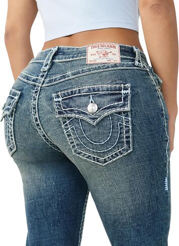 True Religion Billie Mid Rise Super T Straight Jeans for Women – Light Wash Denim with Pink Stitching & Flap Pockets in Saudi Arabia