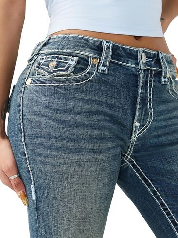 True Religion Billie Mid Rise Super T Straight Jeans for Women – Light Wash Denim with Pink Stitching & Flap Pockets in Saudi Arabia