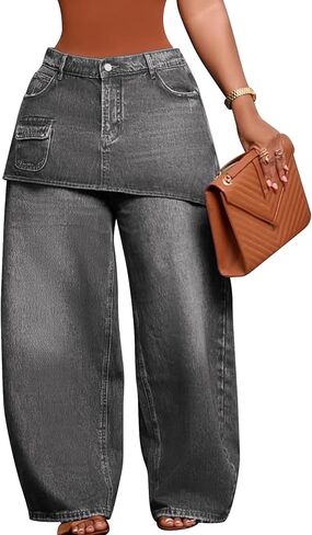Famnbro Womens Wide Leg Cargo Jeans Asymmetrical Overlay Skirt High Waisted Baggy Casual Denim Pants Streetwear in Saudi Arabia