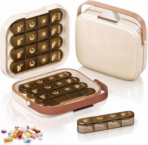 Weekly Pill Organizer 4 Times a Day, 32-Compartment Medicine Box with Moisture-Proof Sealed Lids, Privacy Protection Portable Vitamin Container for Travel Business Trip Elderly(Beige) in Saudi Arabia