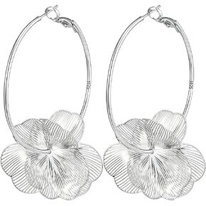 14K Gold Plated Flower Dangle Hoop Earrings for Women Sterling Silver Hoop Floral Earrings Lightweight Hypoallergenic Statement Boho Party Prom Jewelry 30mm/40mm/50mm/60mm in Saudi Arabia