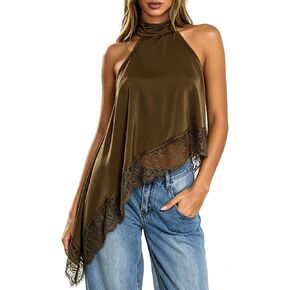 Bluetime Womens Halter Neck Satin Tops Elegant Sleeveless Lace Asymmetrical Hem Going Out Outfits in Saudi Arabia
