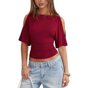 Womens Cold Shoulder Tops for Women Sexy Cinched Waist Top Boat Neck T Shirts Summer Going Out Date Night Clothing in Saudi Arabia