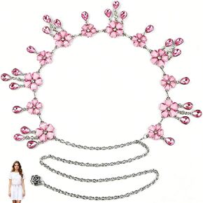 1 Pack Pink Flower Silver Chain Belt Western Belt Metal Rhinestone Cowgirl Waist Chain for Dresses Jeans Women Pink Diamond Bling in Saudi Arabia