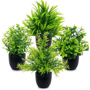 LOYWREE Faux Plants Indoor 4 Pack Small Fake Plants Mini Artificial Plants in Black Pots Potted Greenery for Home Office Table Desk Bathroom Shelf Counter Styling Farmhouse Decor in Saudi Arabia
