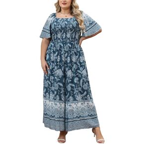 Keluummi Plus Size Wedding Guest Jumpsuits for Curvy Women, Summer Casual Floral Empire Waist Wide Leg One Piece Long Rompers in Saudi Arabia