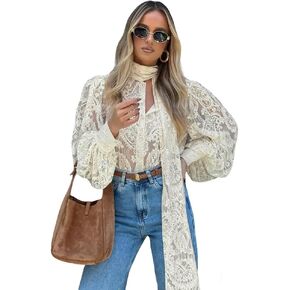 Lace Tops for Women Trendy Bishop Sleeve Blouse with Long Attached Scarf Business Casual Tops in Saudi Arabia