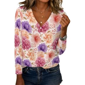 Long Length Sleeve Womens Tops Summer V Neck Boho Floral Prirt Button Down Blouses Dressy Casual Elegant Tunic Shirts in Kuwait