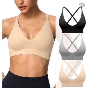3 Pack Sport Bras for Women, Criss Cross Back, Adjustable Spaghetti Strap, Deep V Neck Padded Low Impact Wireless Top in Saudi Arabia