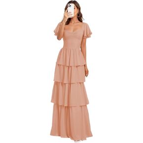 Tiered Bridesmaid Dresses Short Sleeve Long Chiffon Wedding Guest Dress for Women Ruffles Prom Evening Gowns in Saudi Arabia