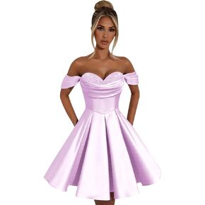 Women's Off Shoulder Satin Sweetheart Prom Dresses Sequin Short A Line Evening Party Gowns KN095 in Saudi Arabia