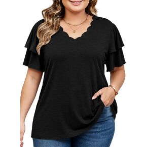 HDLTE Plus Size Tops for Women Ruffle Sleeve Shirts Curved V Neck Loose Fit Blouse Summer Trendy Clothes 2026 in Saudi Arabia