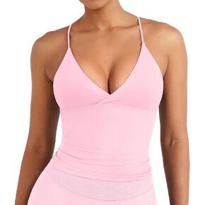 HIGORUN Workout Tank Tops for Women Open Back V Neck Tops with Built in Bras Adjustable Straps Longline Camisole Top in Saudi Arabia
