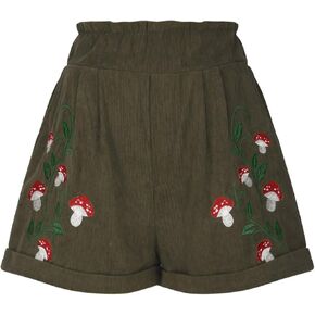 Corduroy Shorts for Women Mushroom Embroidery Cottagecore Clothing Summer Casual Elastic Paperbag Waist Sweat Shorts in Saudi Arabia