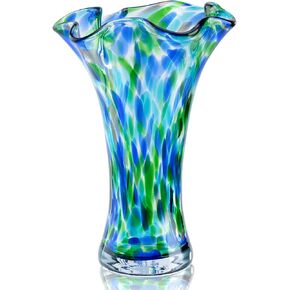Hand Blown Glass Vase for Flowers, 9" Unique Murano Style Art Glass Vase, Wide Mouth Teal Turquoise Swirl Decorative Colorful Blue Green Vases for Home Decor, Living Room Table Centerpiece,Shelf in Saudi Arabia
