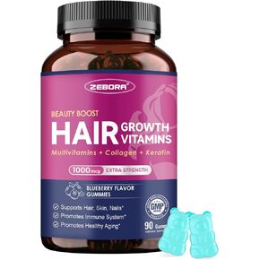 ZEBORA Biotin Gummies with Hyaluronic Acid, Keratin and Collagen – Extra Strength Hair Skin and Nails Vitamins for Women - Hair Growth Women and Men - 90 Blueberry Gummies in Saudi Arabia