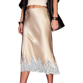 HOUZONIY 2026 Womens Satin Skirts High Elastic Waist Silk Summer Lace Hem Patchwork Flowy Vintage Party A Line Skirt in Saudi Arabia