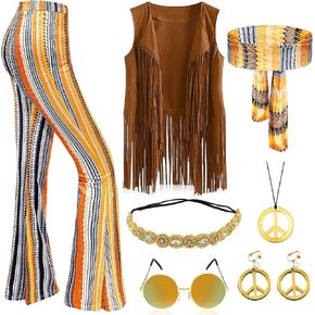 Yi-gog 8Pcs 60s 70s Outfits for Women Disco Hippie Costume Set Boho Flared Pants Fringe Vest Tops Peace Sign Accessories Set in Saudi Arabia