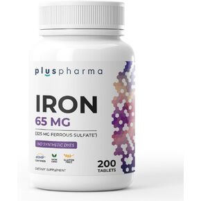 Iron 65 mg (from 325 mg Ferrous Sulfate), 200 Tablets, High Potency Iron Supplement, Non-GMO, Gluten Free, No Synthetic Dyes in Saudi Arabia
