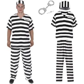 Prisoner Costume Adult Men Striped Prison Criminal Suit Halloween Jail Inmate Cosplay Outfit in Saudi Arabia