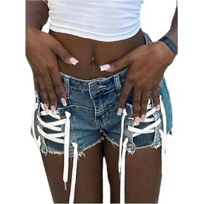 GORGLITTER Women's Lace Up Mini Jean Shorts Jorts Y2K Low Rise Distressed Music Festival Denim Shorts in Kuwait