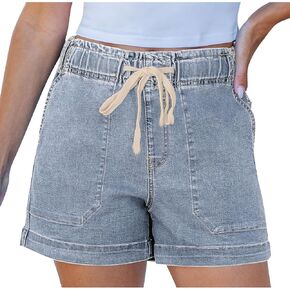 شورتات جينز نسائية عالية الخصر مطاطا الخصر الرباط تمتد الدينيم Jorts شورتات غير رسمية لقضاء عطلة الشاطئ ملابس يومية in Kuwait
