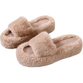 Fuzzy Platform Slippers for Women Open Toe Linen Sole Furry House Slides Non Slip Thick Bottom Indoor Outdoor Spa Shoes in Saudi Arabia