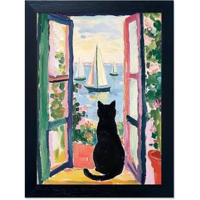 Framed Black Cat By the Sea Print Poster Henri Matisse Wall Art Funny Whimsical Cat Paintings Sailboats Artwork for Living Room Bedroom Bathroom Decor in Saudi Arabia