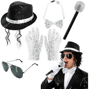 70s 80s Disco Costume Mens Dance Star Pop Star 5 Pcs Pop Rockstar Black Hat Glasses Bow Tie Sequins Gloves Microphone Set in Kuwait