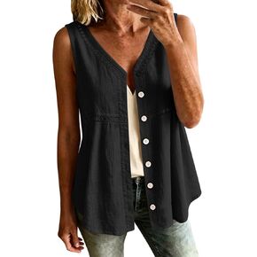 hlysgo Womens Sleeveless Tank Tops Cotton Linen Button Down Shirts Elegant Ladies Office Work V Neck Tops Gauze Shirts in Saudi Arabia