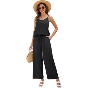 Womens 2 Piece Linen Lounge Set Summer Casual V Neck Tank Top Matching Wide Leg Pants Set Beach Travel Vacation Outfit in Saudi Arabia