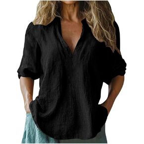 Linen Blouses for Women Summer Casual 3/4 Length Sleeve Tops V Neck Loose Fit Cotton Spring Tops Vacation Clothes in Saudi Arabia