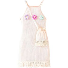 RoseSeek Girl's 3D Floral Crochet Summer Cami Dress Knit Sleeveless Tassel Midi Dresses with Bags in Saudi Arabia