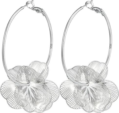14K Gold Plated Flower Dangle Hoop Earrings for Women Sterling Silver Hoop Floral Earrings Lightweight Hypoallergenic Statement Boho Party Prom Jewelry 30mm/40mm/50mm/60mm in Saudi Arabia