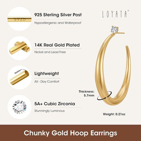 LOYATA أقراط حلقية ذهبية مكتنزة للنساء - أقراط حلقية كبيرة سميكة مطلية بالذهب عيار 14 قيراط، أقراط كبيرة عصرية لا تسبب الحساسية، مجوهرات غير مشوهة للنساء هدايا in Kuwait