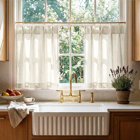 RYB HOME Pinch Pleated Cafe Curtains 24 inch Length, Light Filtering Semi Sheer Privacy Linen Textured Farmhouse Curtain Tier for Camper RV Bunk Window, 26" W x 24" L, Ivory, 2 Panels in Kuwait