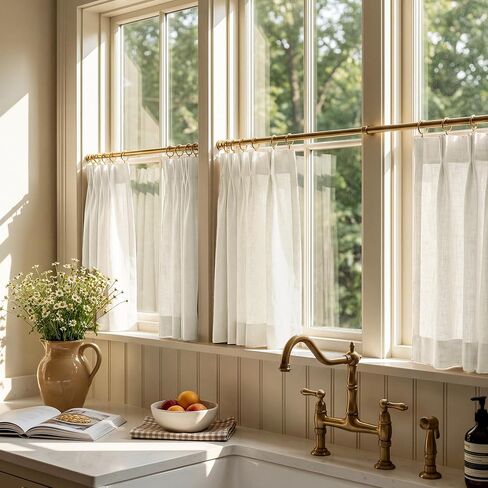 RYB HOME Pinch Pleated Cafe Curtains 24 inch Length, Light Filtering Semi Sheer Privacy Linen Textured Farmhouse Curtain Tier for Camper RV Bunk Window, 26" W x 24" L, Ivory, 2 Panels in Kuwait