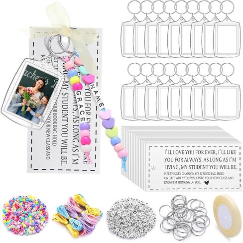 Tondiamo 24 Pack End of Year Gift Set with Acrylic Photo Keychain Card Beige Ribbon DIY Name Keychain Craft Kit with Letter Beads for Classroom Gifts Graduation Ceremonies Back to School Gifts in Kuwait
