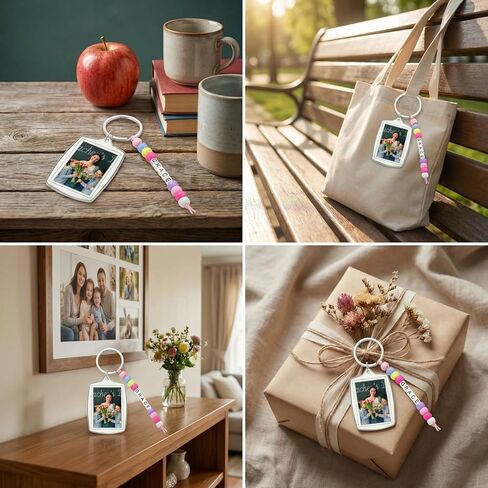 Tondiamo 24 Pack End of Year Gift Set with Acrylic Photo Keychain Card Beige Ribbon DIY Name Keychain Craft Kit with Letter Beads for Classroom Gifts Graduation Ceremonies Back to School Gifts in Kuwait