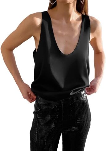 Womens Silk Satin Tank Tops Deep V Neck Casual Cami Sleeveless Camisole Blouses Summer Fit Flowy Tank Shirt in Saudi Arabia