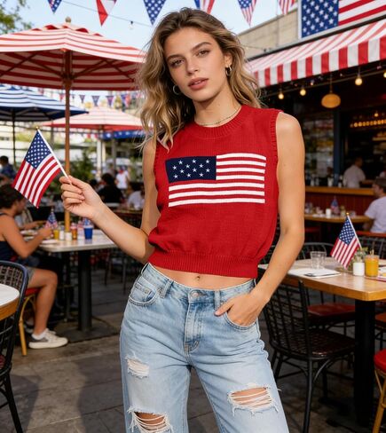 DUTUT المرأة العلم الأمريكي سترة سترة USA تانك القمم 4th من يوليو المحاصيل القمم الصيف أكمام عادية العصرية 2026 قمصان in Kuwait