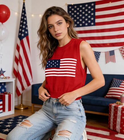DUTUT المرأة العلم الأمريكي سترة سترة USA تانك القمم 4th من يوليو المحاصيل القمم الصيف أكمام عادية العصرية 2026 قمصان in Kuwait