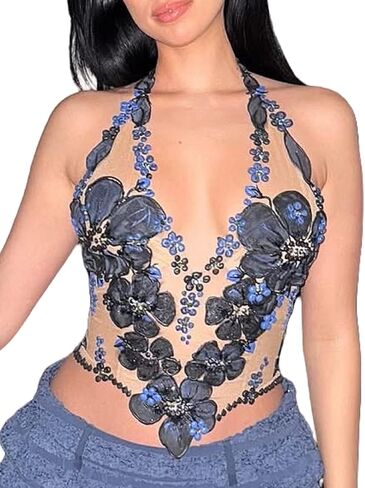 Seyumixi Women Floral Mesh Tank Top See Through Sheer Halter Crop Tops Sleeveless Flower Embroidery V Neck Cami in Saudi Arabia