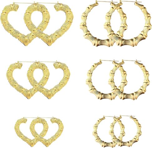 6pcs Vintage Gold Tone Door Knocker Earrings 90s Women Chunky Heart Bamboo Hoop Set Y2k Fashion Hip Hop Accessories Elegant Thoughtful Present in Saudi Arabia
